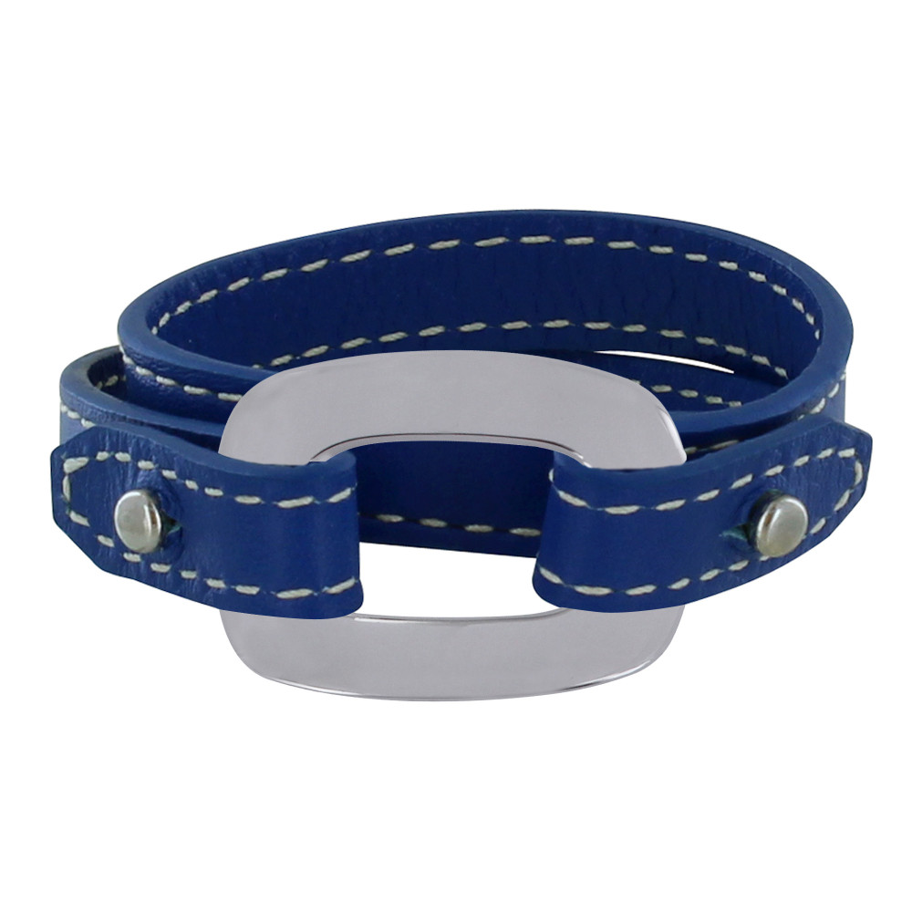 LES POULETTES BIJOUX Bracelet Double Tour Cuir et Maille Rectangle Plate Argent 925
