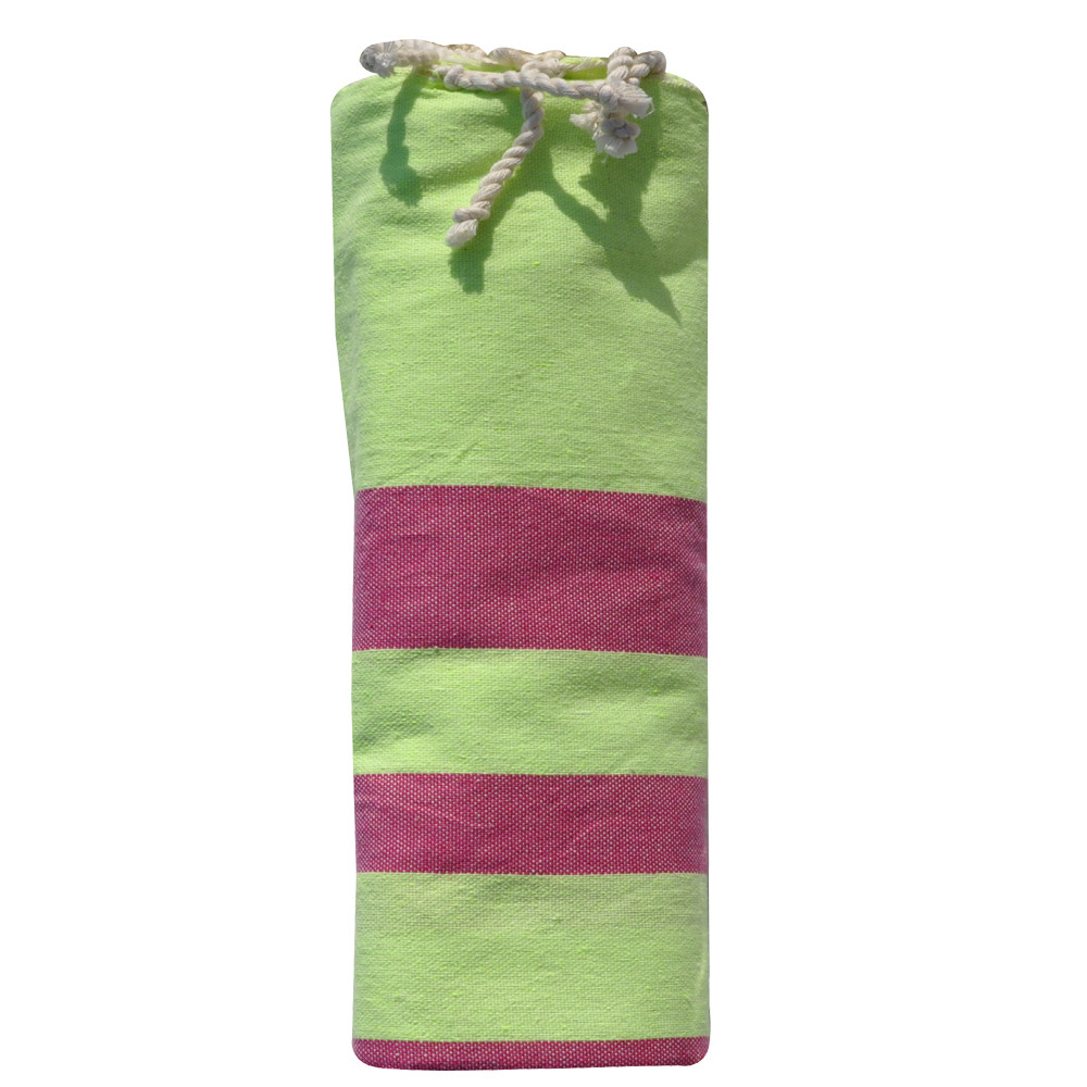 LES POULETTES BIJOUX - Fouta Drap Plage et Hammam Coton Vert Fluo Rayé Fuchsia 100 x
