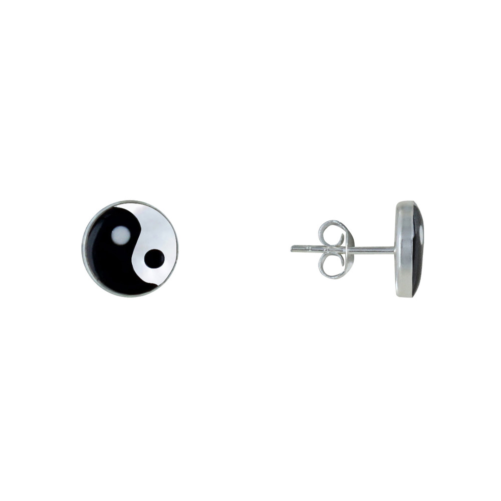 LES POULETTES BIJOUX Boucles d'Oreilles Argent et Nacre Clous Yin et Yang