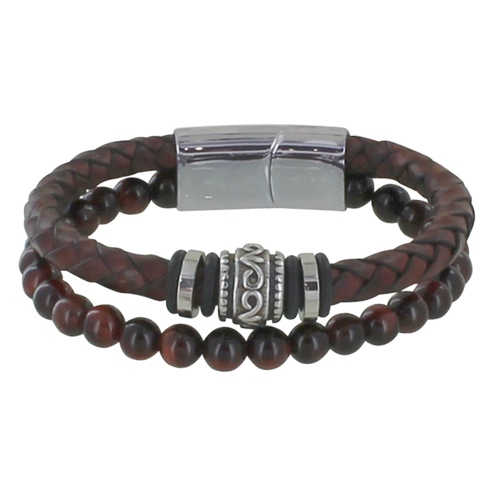 LES POULETTES BIJOUX Bracelet Acier Homme Cuir Marron Foncé et Perles Oeil de Tigre