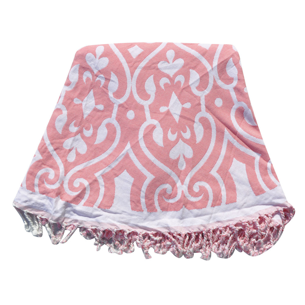 LES POULETTES BIJOUX Fouta Ronde Drap Plage et Hammam Coton Couleur Rose Motif Blanc