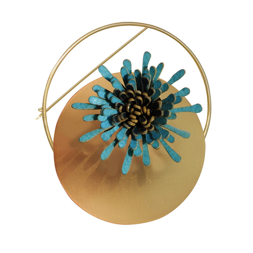 LES POULETTES BIJOUX Broche Laiton Anneau Capsule et Anémone en Cuir - Bleu