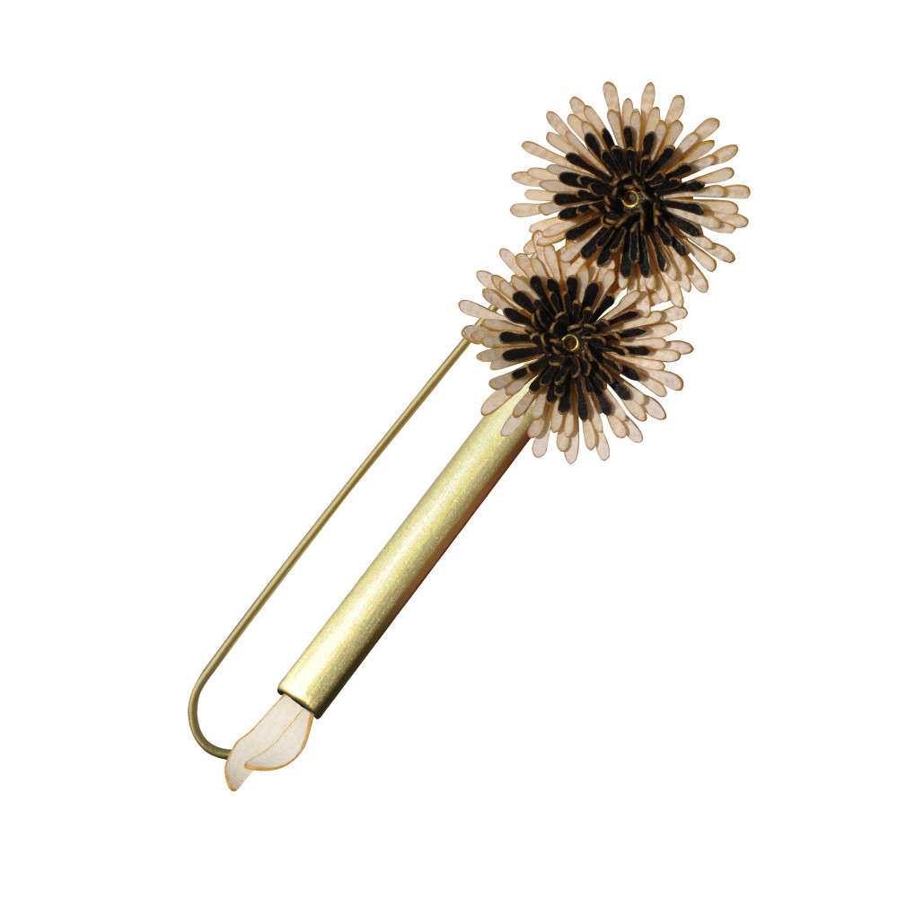 LES POULETTES BIJOUX Broche Laiton Tube et Anémones en Cuir - Beige