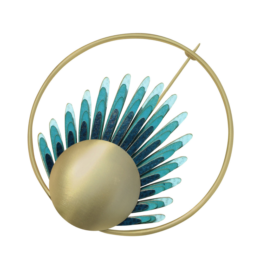 LES POULETTES BIJOUX Broche Laiton Anneau Capsule et Feuille en Cuir - Bleu