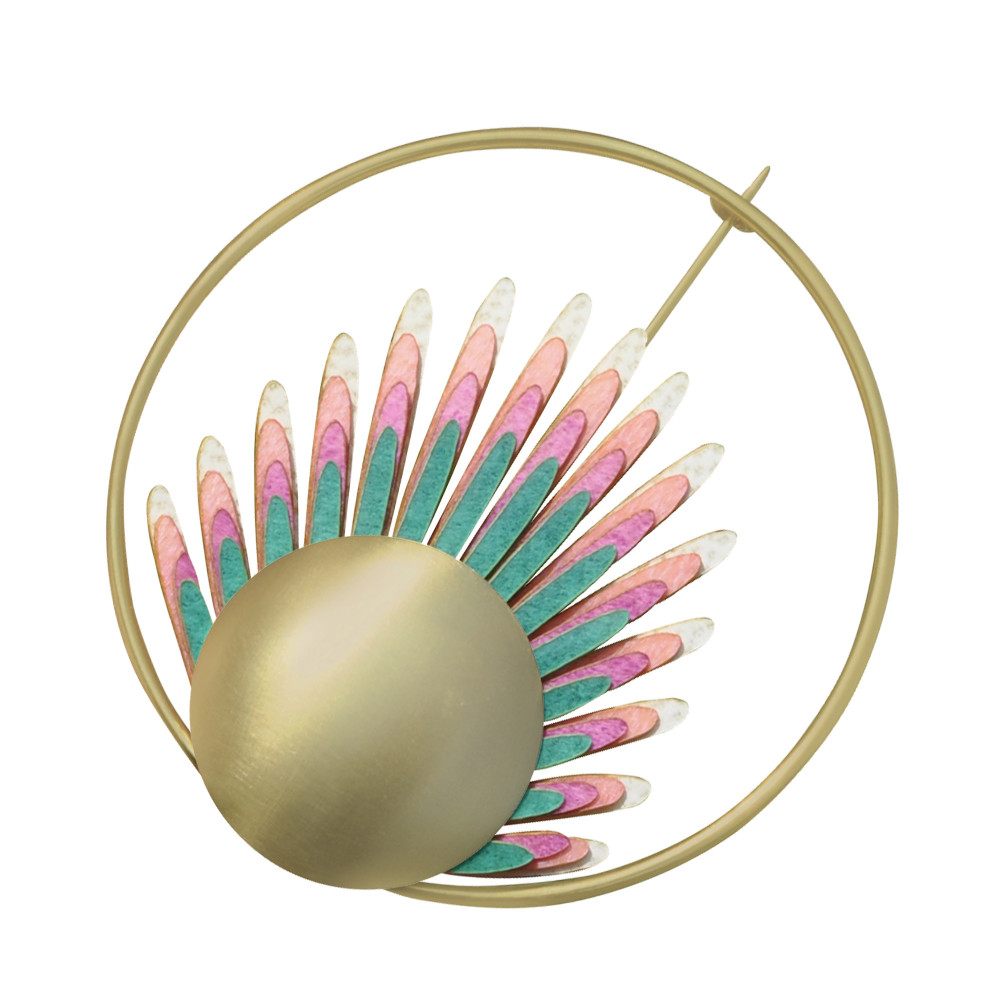 LES POULETTES BIJOUX Broche Laiton Anneau Capsule et Feuille en Cuir - Multicolore