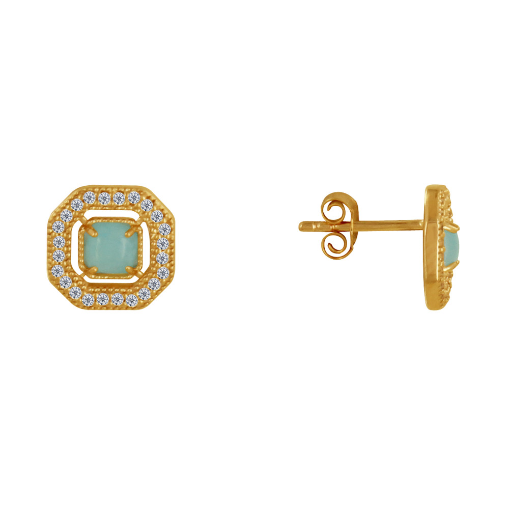 LES POULETTES BIJOUX Boucles d'Oreilles Plaqué Or Octogone Strass et Zirconium Vert