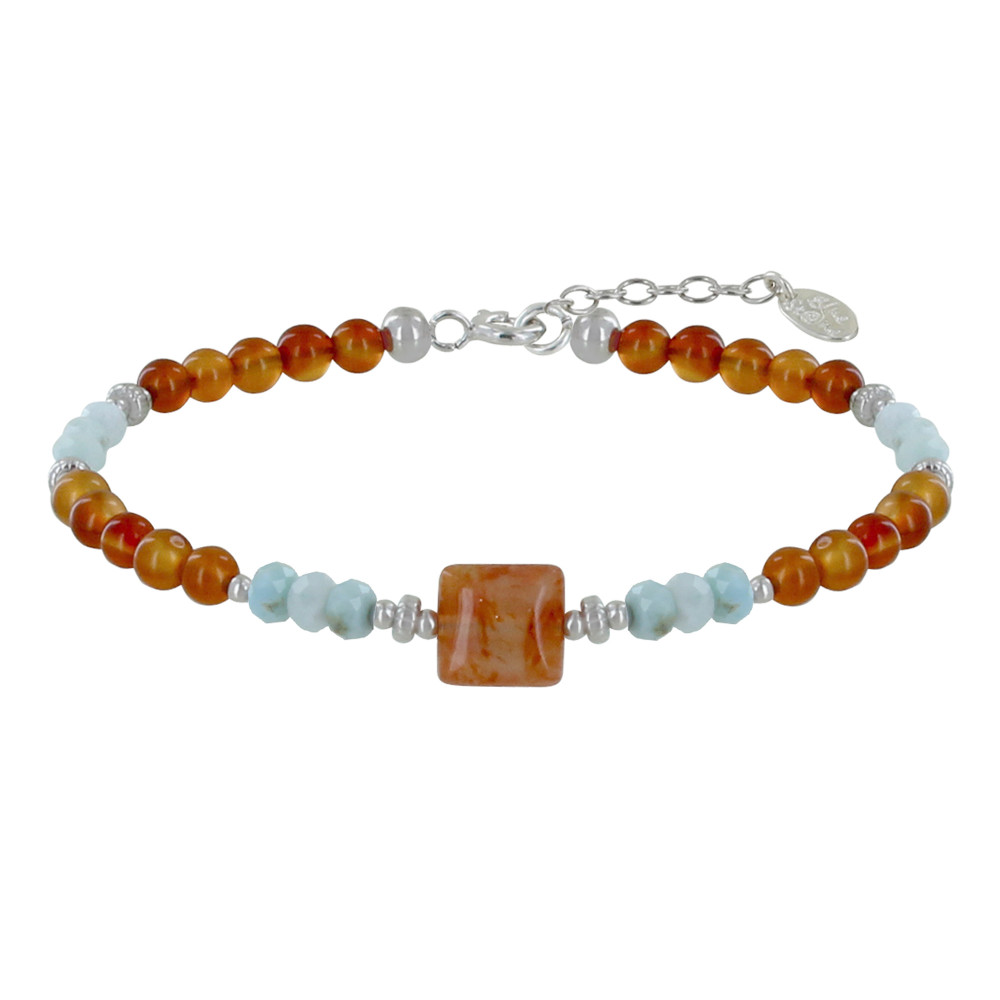LES POULETTES BIJOUX Bracelet Perles et Cube de Cornaline Anneaux Facettés de Larimar