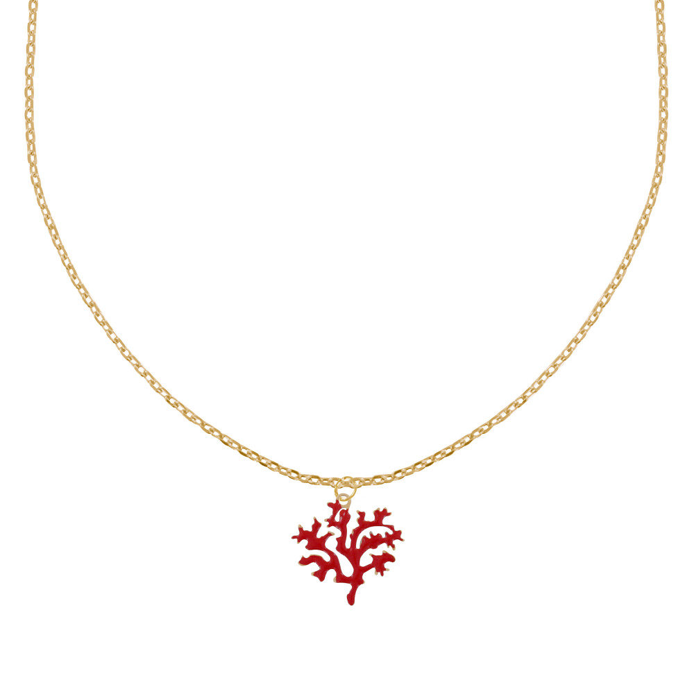 LES POULETTES BIJOUX Collier Plaqué Or et son Corail en Résine Rouge