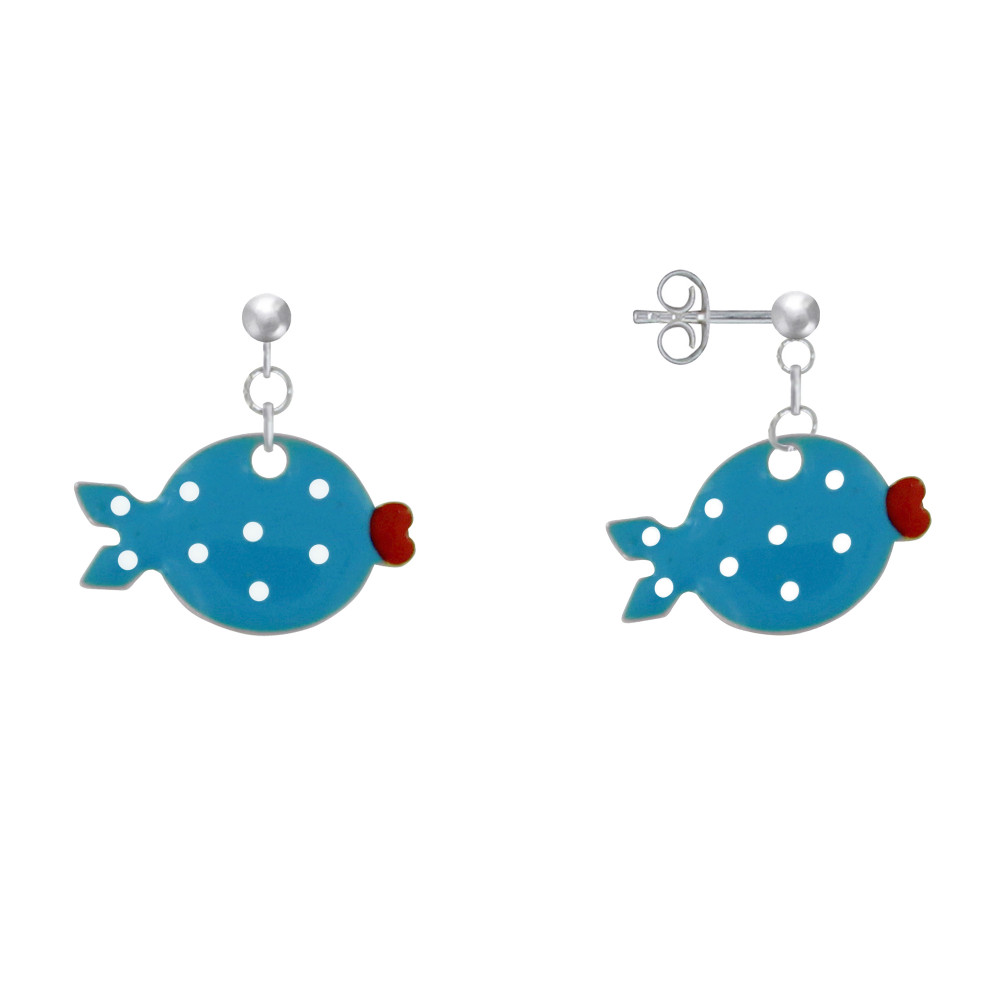 LES POULETTES BIJOUX Boucles d'Oreilles Argent 925 Petit Poisson à Pois Emaillée
