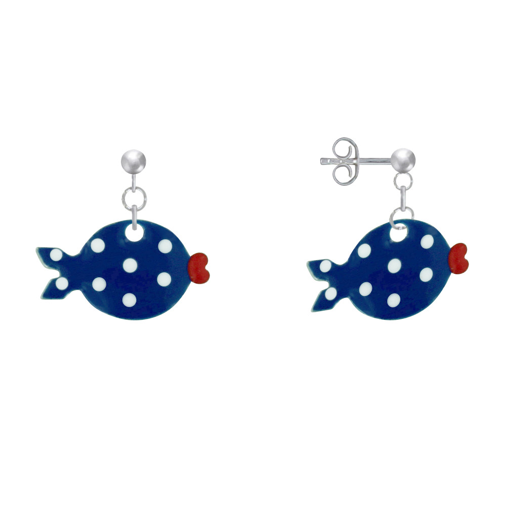LES POULETTES BIJOUX Boucles d'Oreilles Argent 925 Petit Poisson à Pois Emaillée - B