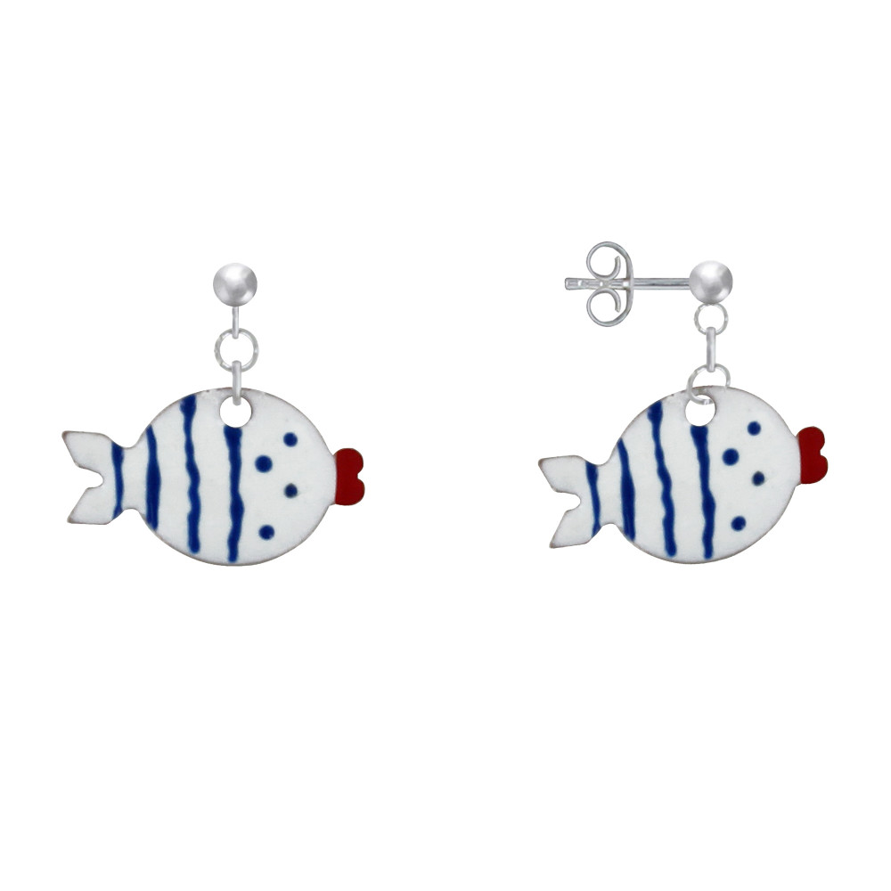LES POULETTES BIJOUX Boucles d'Oreilles Argent 925 Petit Poisson à Pois et Lignes Em
