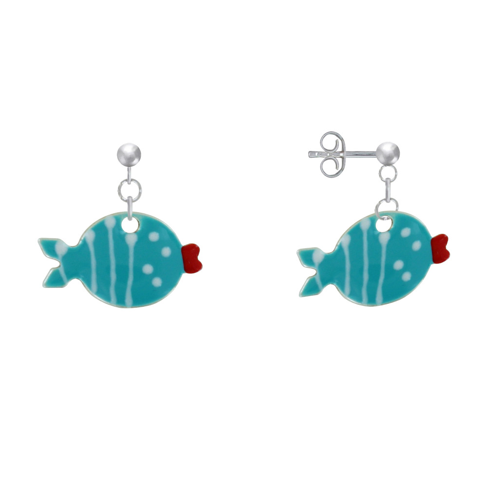 LES POULETTES BIJOUX Boucles d'Oreilles Argent 925 Petit Poisson à Pois et Lignes Em