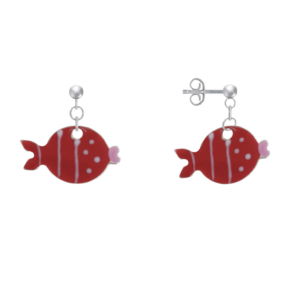 LES POULETTES BIJOUX Boucles d'Oreilles Argent 925 Petit Poisson à Pois et Lignes Em
