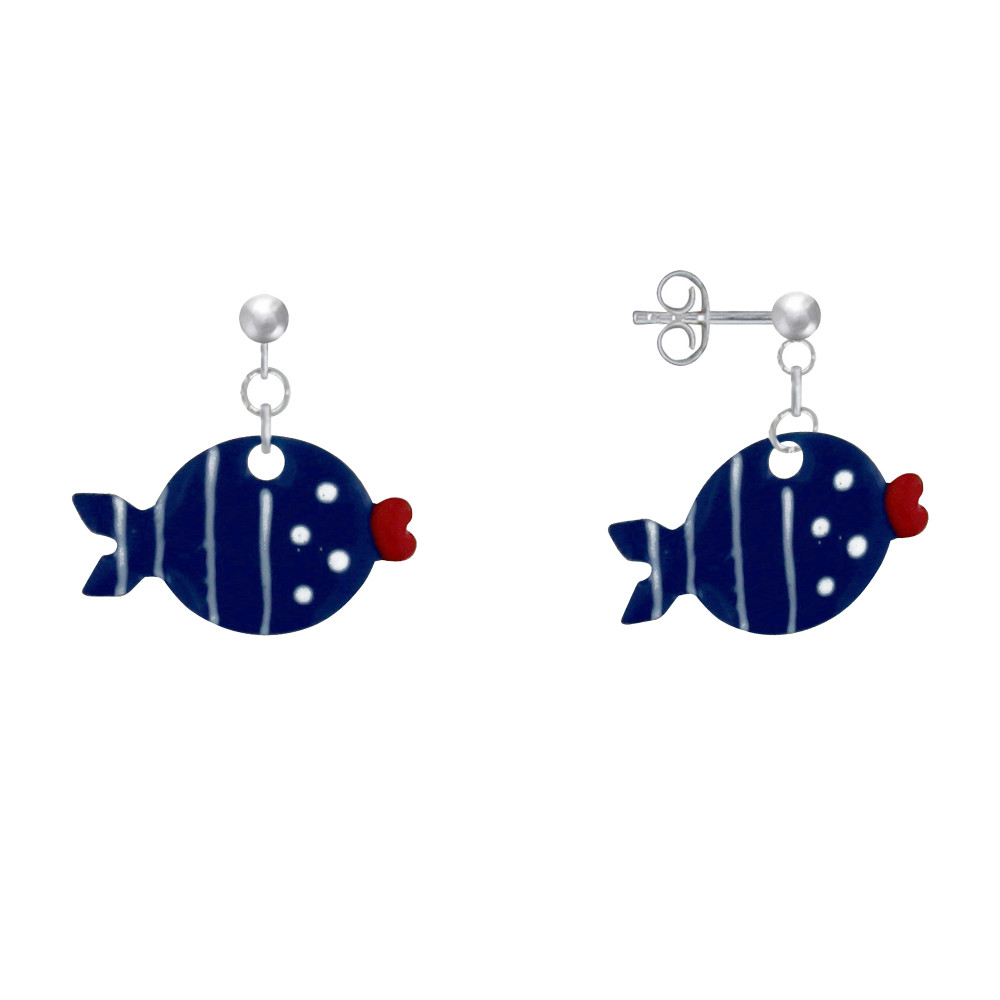 LES POULETTES BIJOUX Boucles d'Oreilles Argent 925 Petit Poisson à Pois et Lignes Em