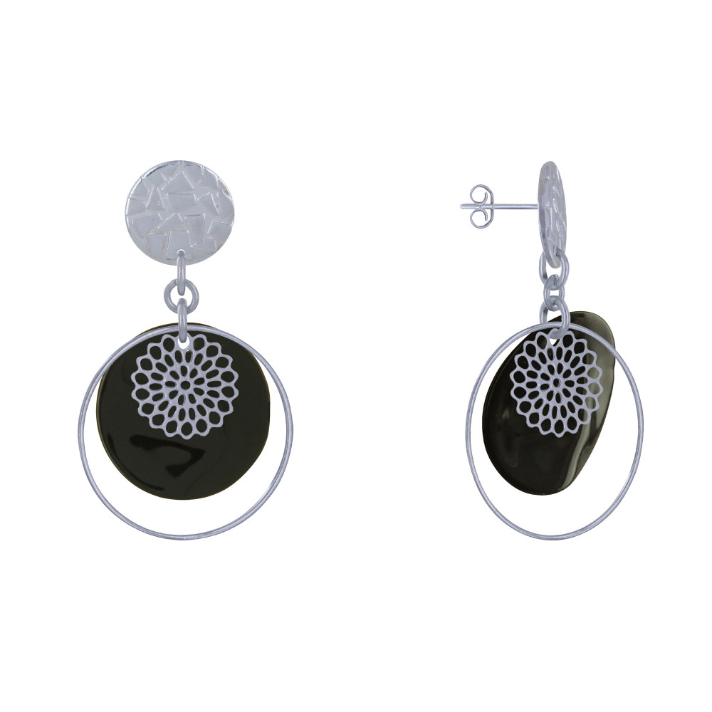 LES POULETTES BIJOUX Boucles d'Oreilles Clous Métal Argenté Cercle et Pastille de Na LES POULETTES BIJOUX Boucles d'Oreilles Clous Métal Argenté Cercle et Pastille de Na