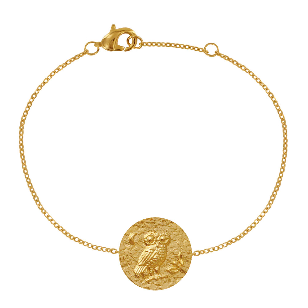 LES POULETTES BIJOUX - Bracelet Plaqué Or Médaille Ronde Martelée Chouette