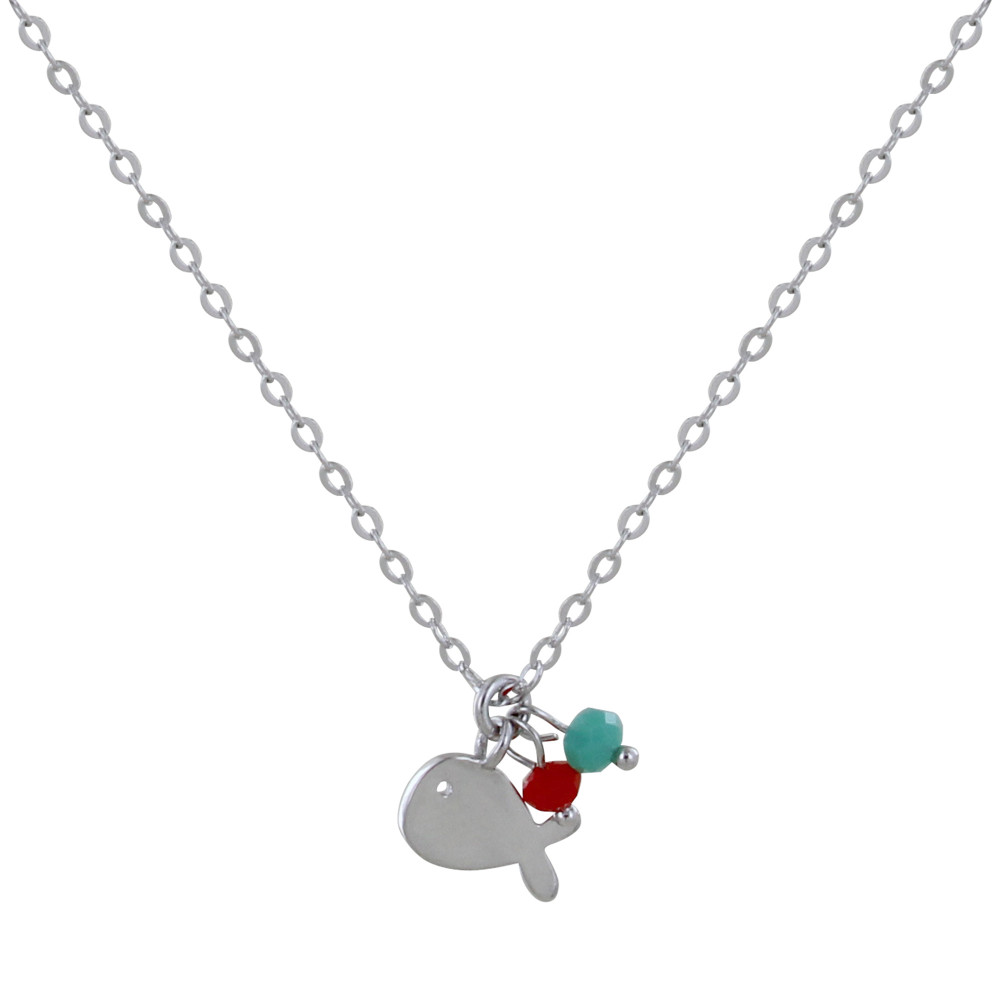 LES POULETTES BIJOUX Collier Argent Petit Poisson Deux Perles Facettées Rouge et Tur