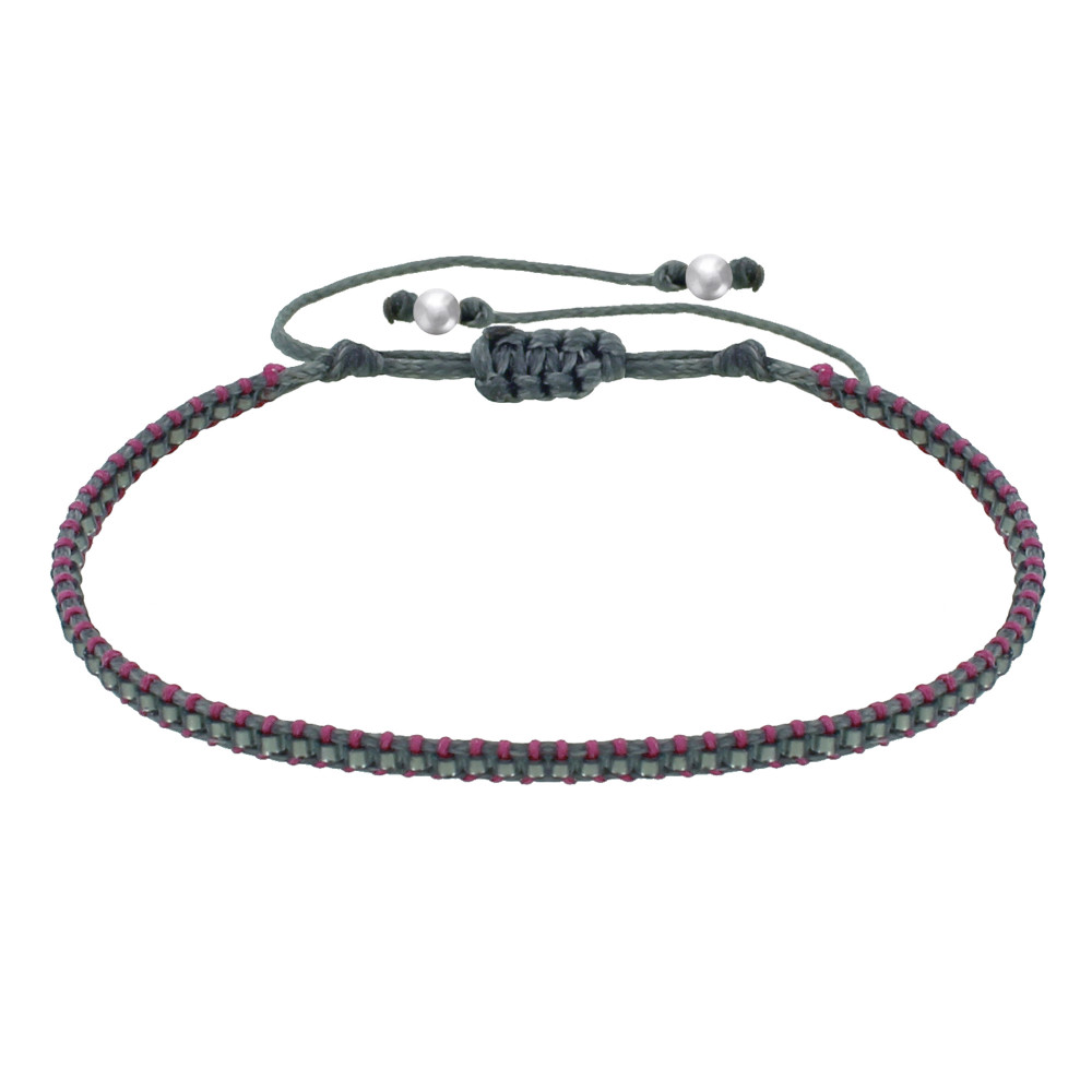 LES POULETTES BIJOUX Bracelet Perles Grises Lien Tréssé Fuchsia et Gris Foncé