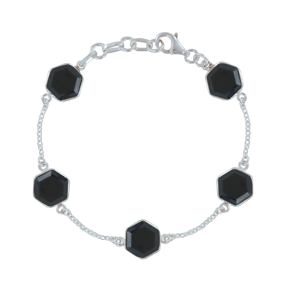 LES POULETTES BIJOUX Bracelet Argent 925 Cinq Hexagones d'Onyx Noir Facettés