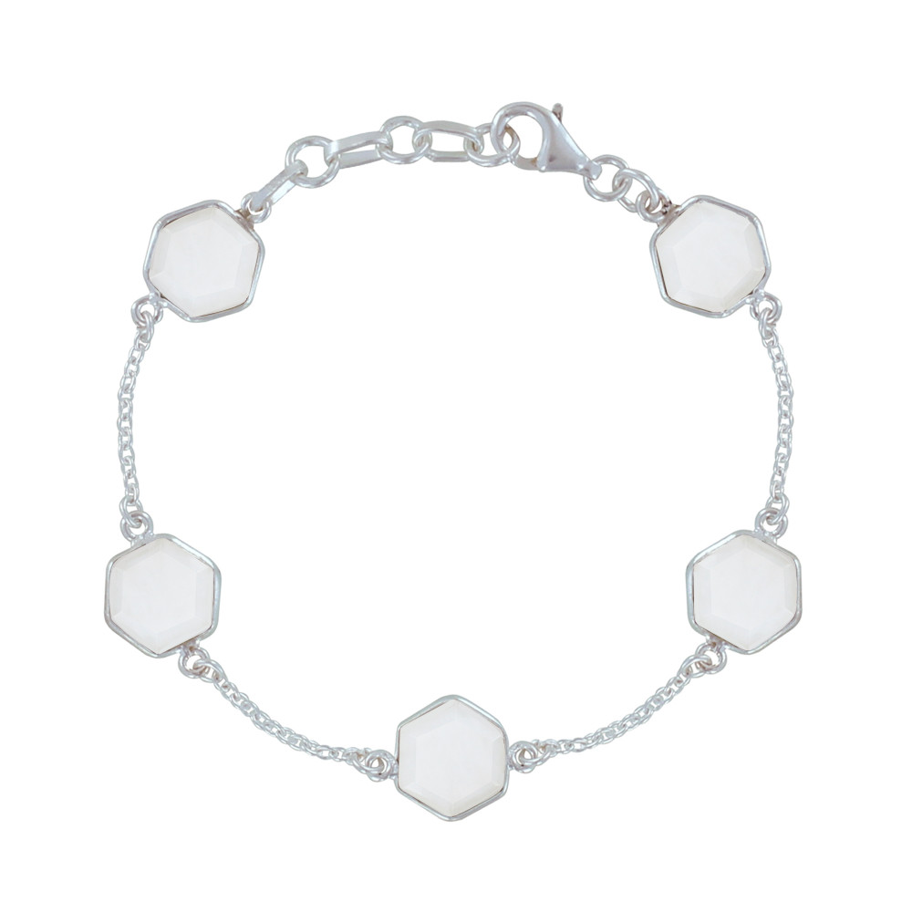 LES POULETTES BIJOUX - Bracelet Argent 925 Cinq Hexagones d'Agate Blanche Facettés