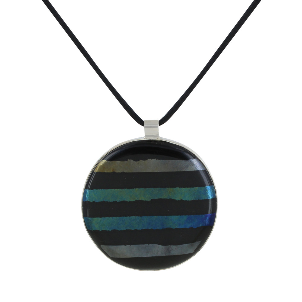 LES POULETTES BIJOUX Collier Argent 925 et Pendentif Rond Pâte de Verre Rayé Noir -
