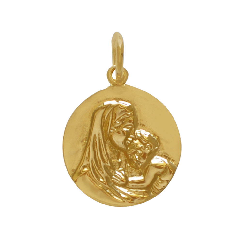 LES POULETTES BIJOUX - Pendentif Plaqué Or Médaille Ronde Vierge à l'Enfant