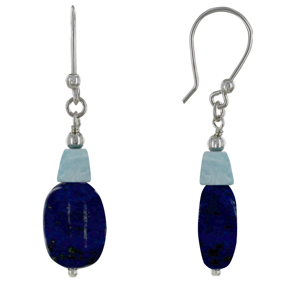 LES POULETTES BIJOUX Boucles d'Oreilles Argent 925 Galet de Lapis Lazuli et Pépite d