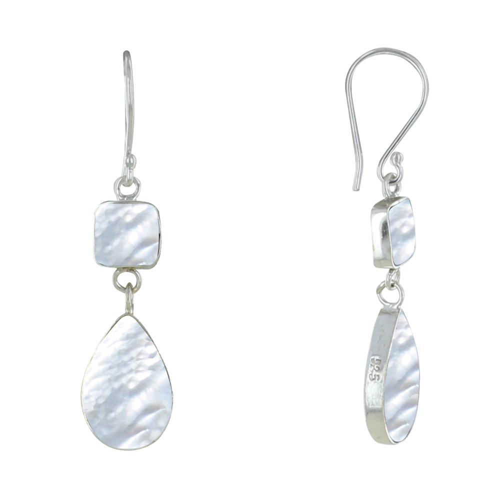 LES POULETTES BIJOUX Boucles d'Oreilles Argent Carré et Goutte Nacre Ivoire