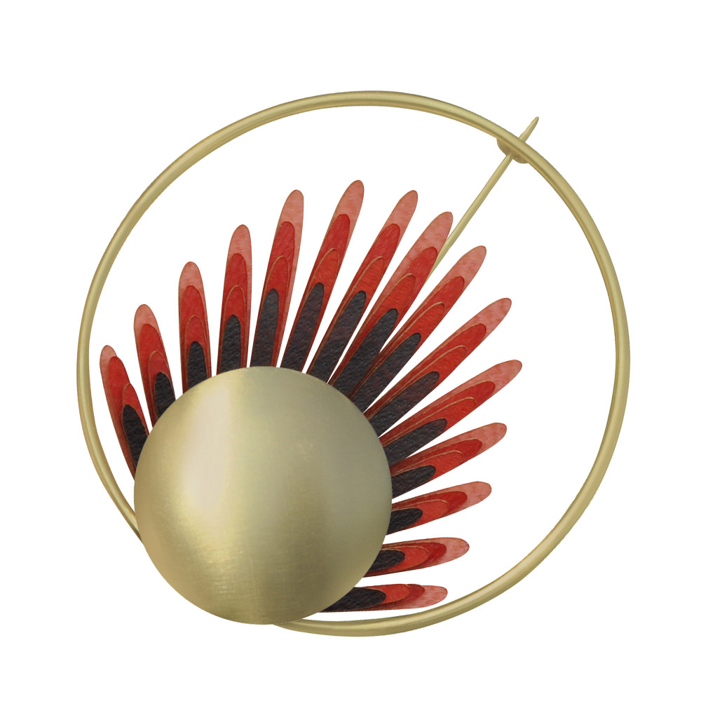 LES POULETTES BIJOUX Broche Laiton Anneau Capsule et Feuille en Cuir - Rouge