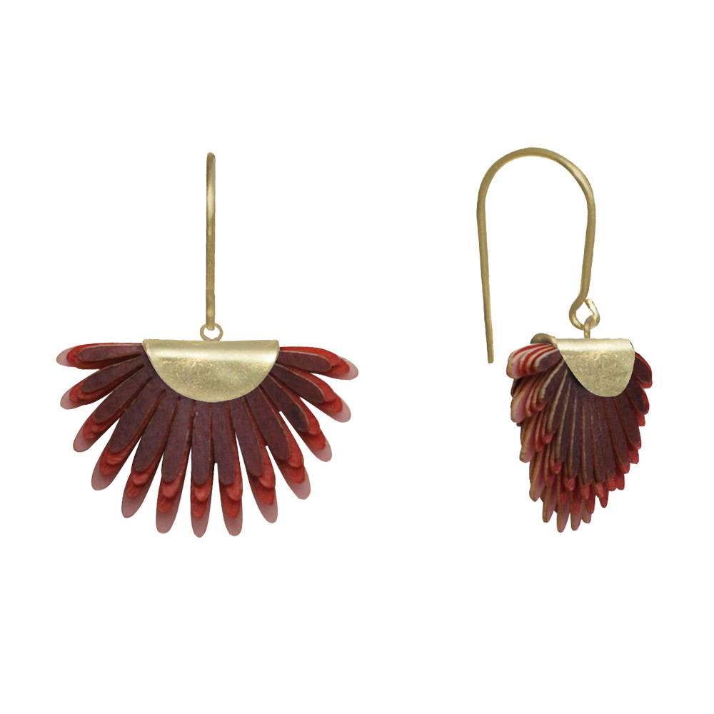 LES POULETTES BIJOUX Boucles d'Oreilles Laiton Feuille en Cuir - Rouge