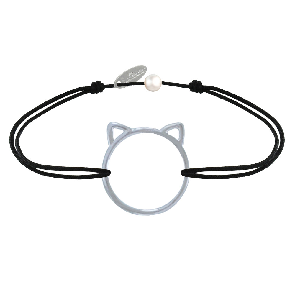 LES POULETTES BIJOUX Bracelet Lien Médaille Argent 925 Tête de Chat Ajouré - Noir