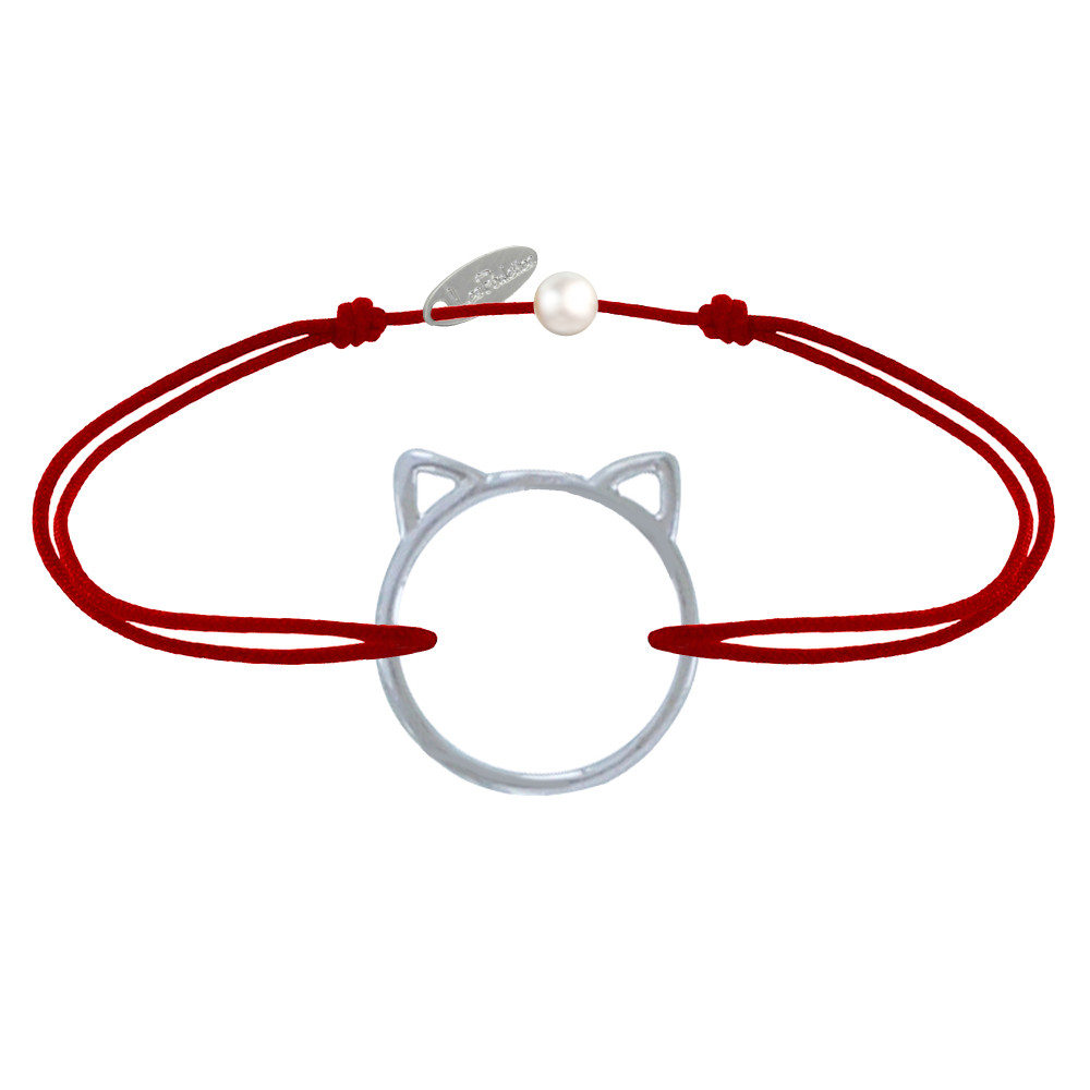 LES POULETTES BIJOUX Bracelet Lien Médaille Argent 925 Tête de Chat Ajouré - Rouge