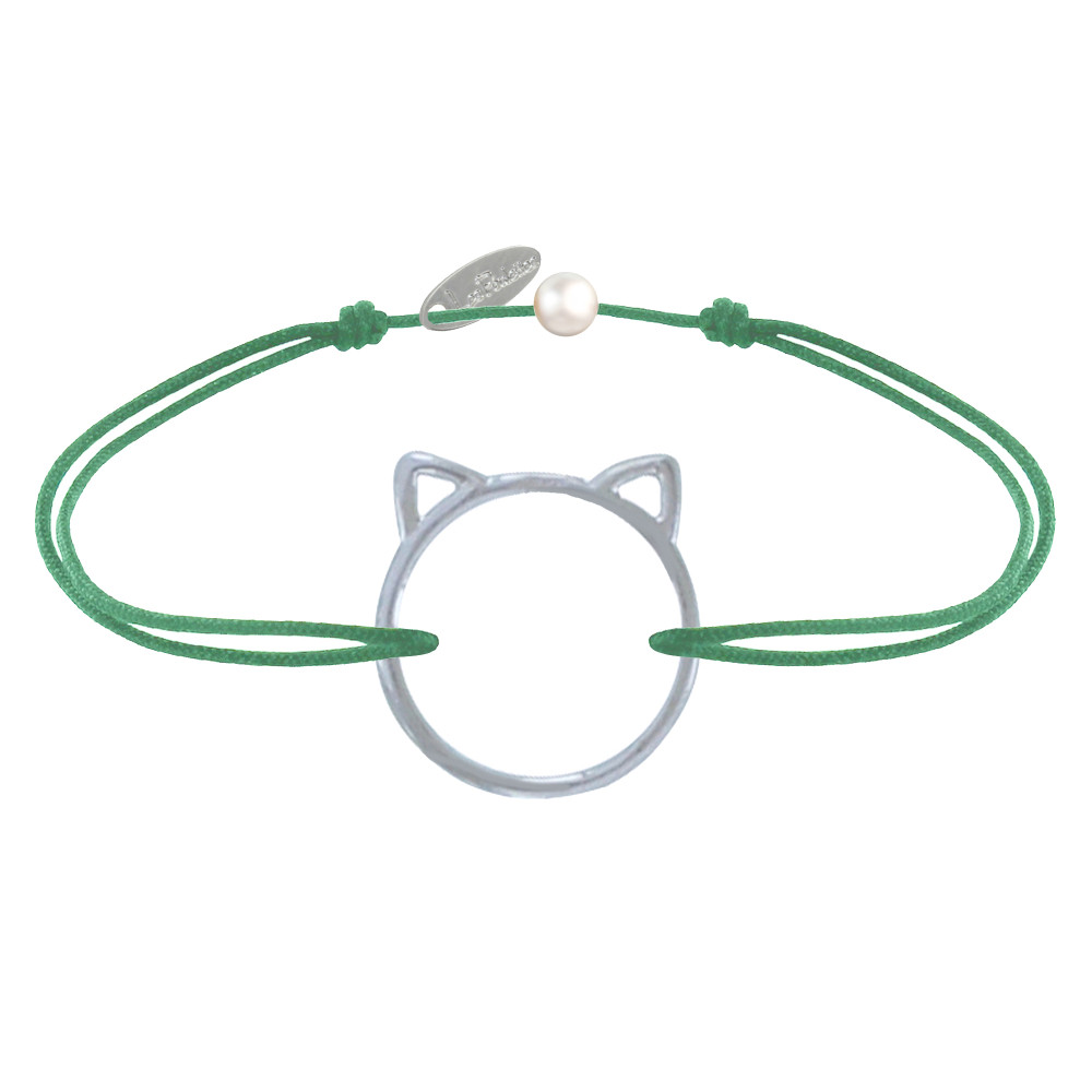 LES POULETTES BIJOUX Bracelet Lien Médaille Argent 925 Tête de Chat Ajouré - Vert