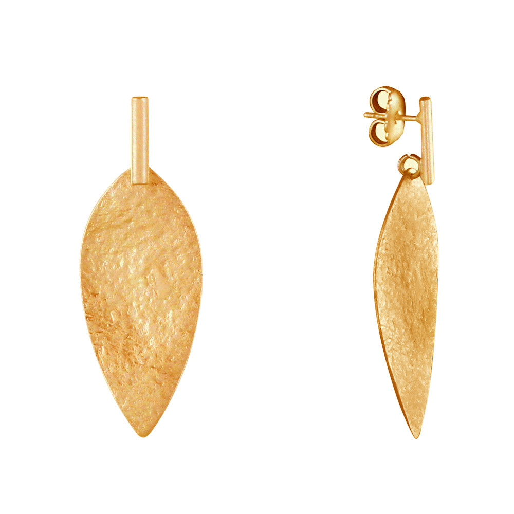 LES POULETTES BIJOUX Boucles d'Oreilles Laiton Doré Tige et Feuille Martelée