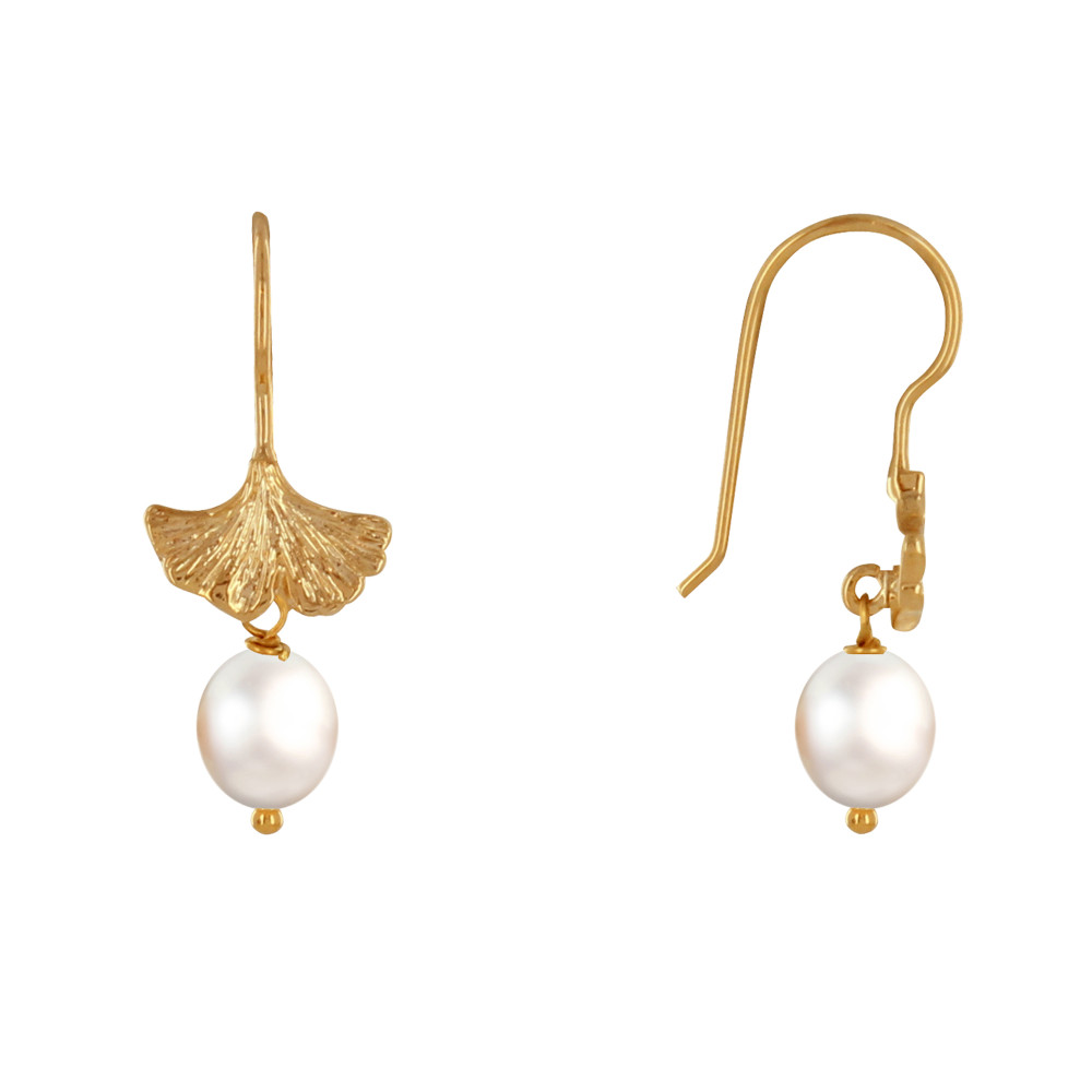LES POULETTES BIJOUX Boucles d'Oreilles Plaqué Or Feuille de Ginkgo et Perle Blanche
