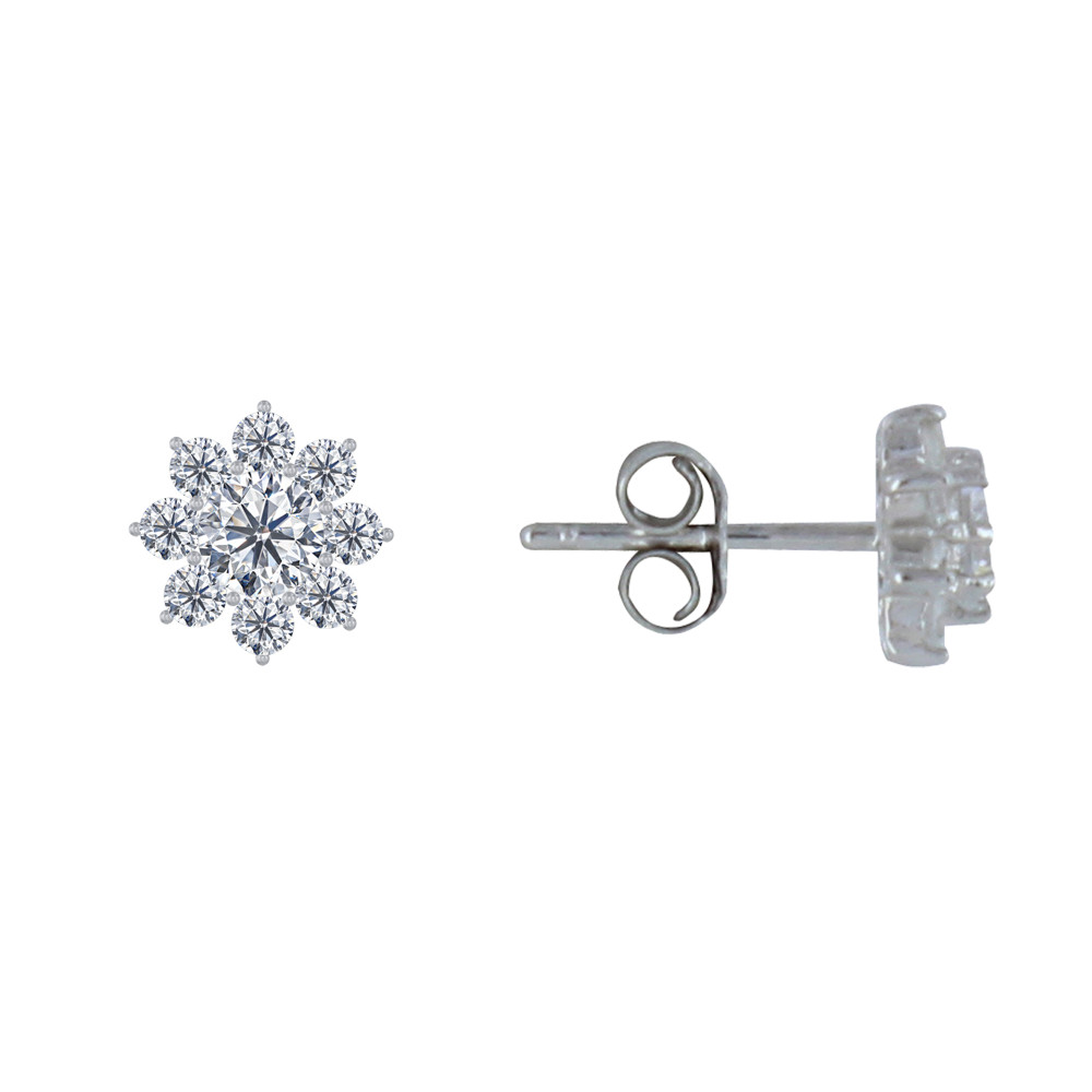 LES POULETTES BIJOUX Boucles d'Oreilles Clous Argent Fleurs et Oxydes Blancs