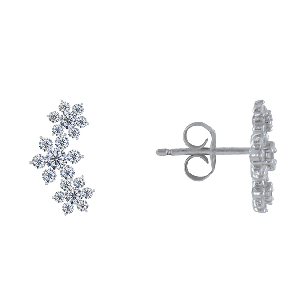LES POULETTES BIJOUX Boucles d'Oreilles Clous Argent 925 Trois Fleurs et Oxyde Blanc