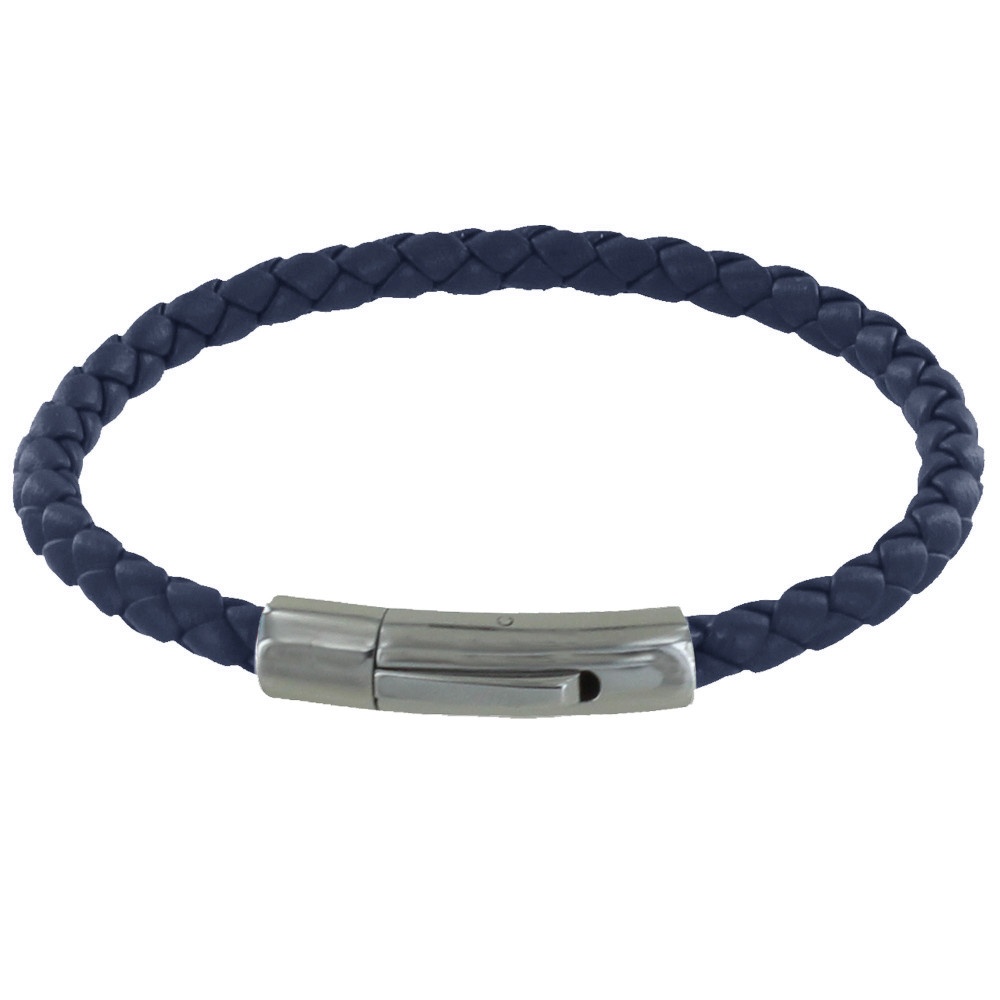 LES POULETTES BIJOUX Bracelet Homme Cuir Tréssé Rond 19cm - Bleu Nuit