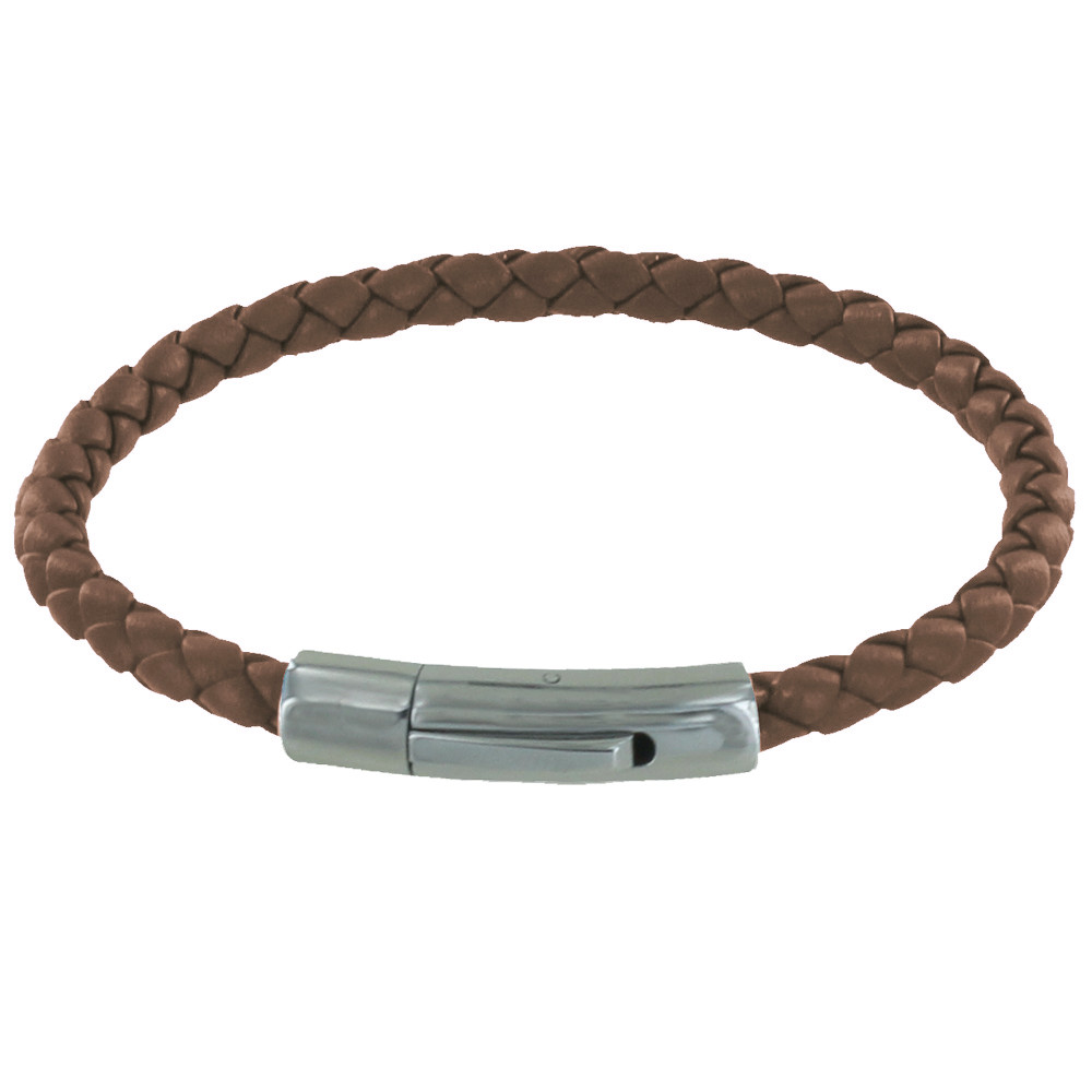 LES POULETTES BIJOUX Bracelet Homme Cuir Tréssé Rond 19cm - Marron clair