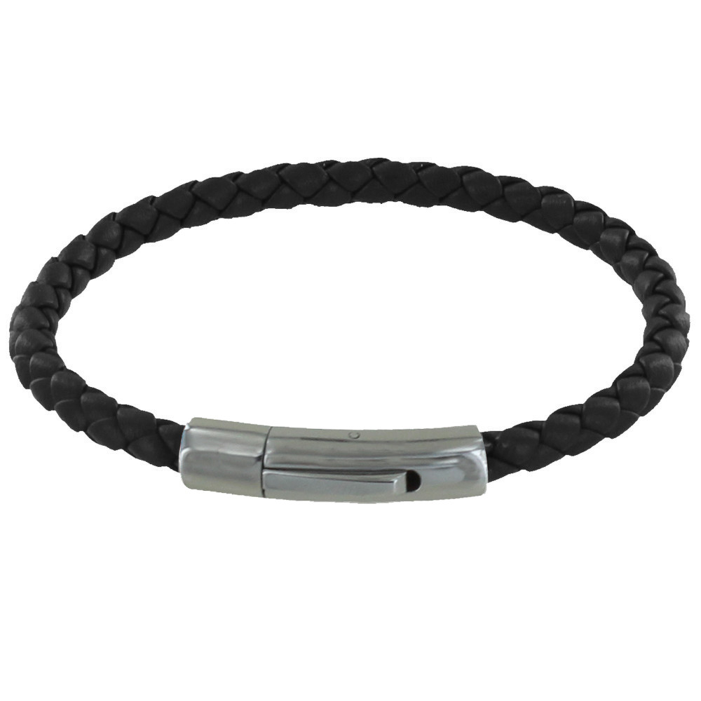 LES POULETTES BIJOUX Bracelet Homme Cuir Tréssé Rond 19cm - Noir