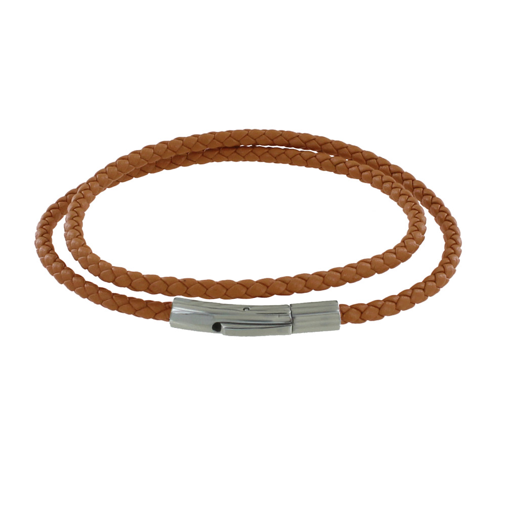 LES POULETTES BIJOUX Bracelet Homme Double Tour Cuir Tréssé Rond pour Poignet 19cm -