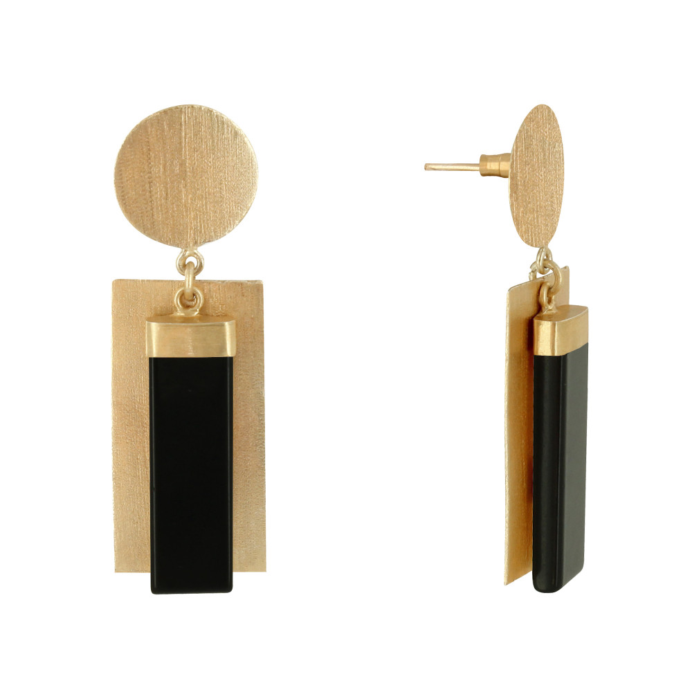 LES POULETTES BIJOUX Boucles d'Oreilles Laiton Doré Disque et Rectangle Coloré - Noir
