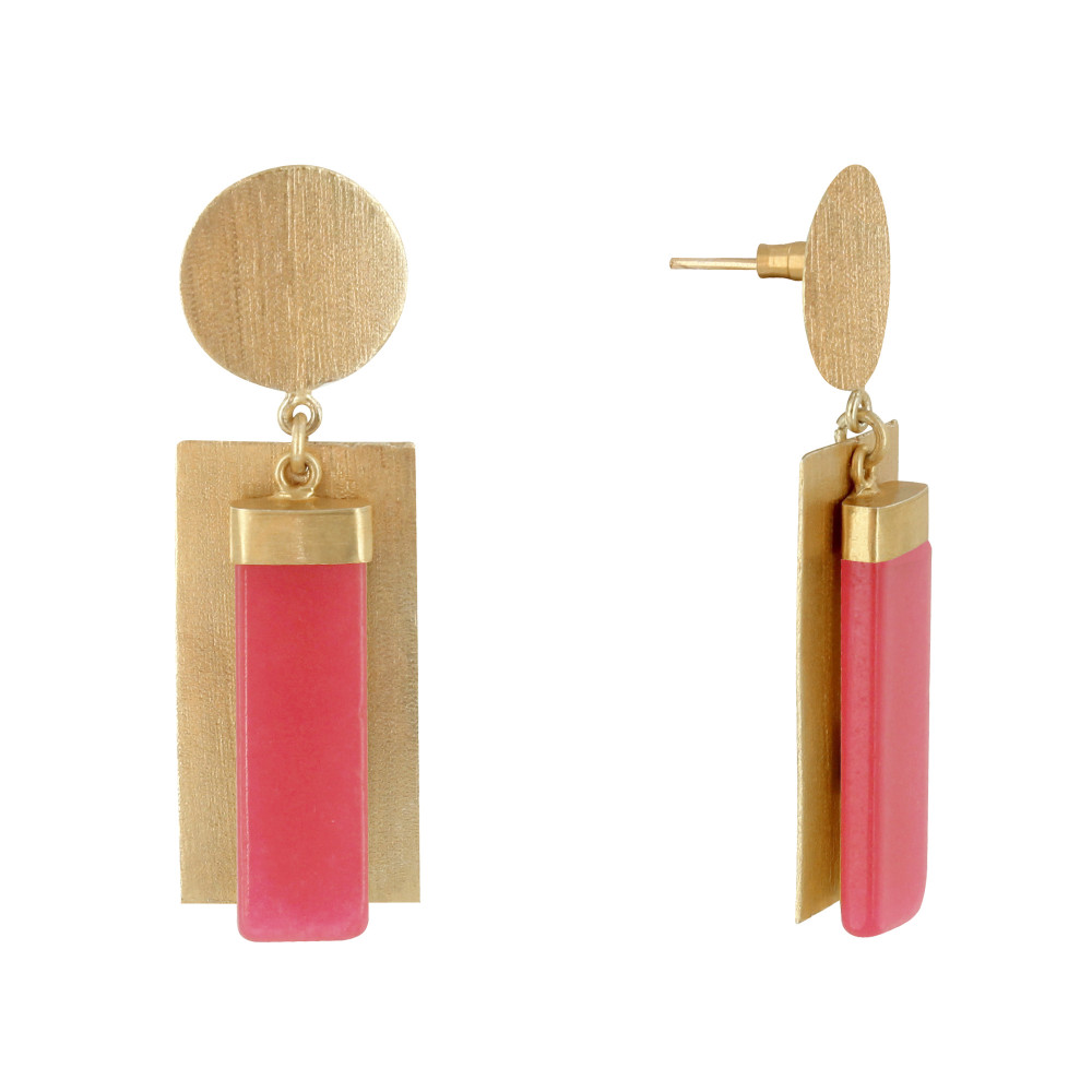 LES POULETTES BIJOUX Boucles d'Oreilles Laiton Doré Disque et Rectangle Coloré - Rou