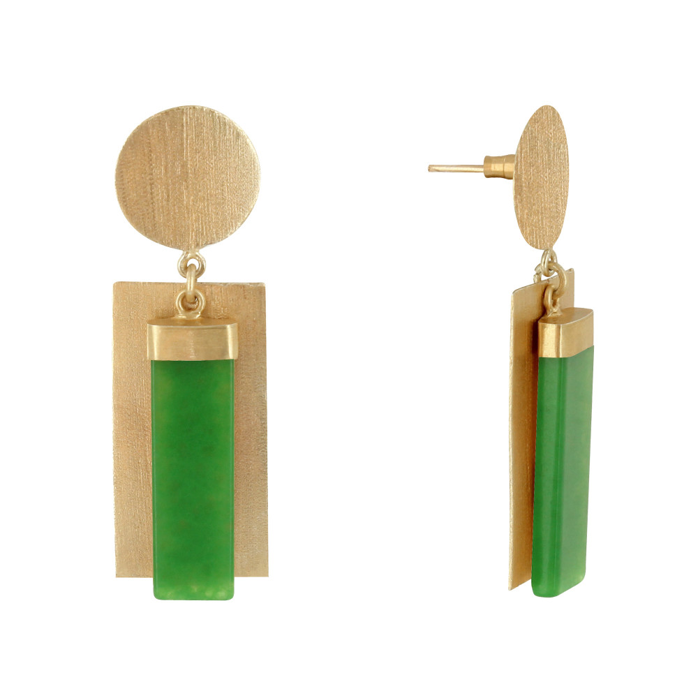 LES POULETTES BIJOUX Boucles d'Oreilles Laiton Doré Disque et Rectangle Coloré - Vert