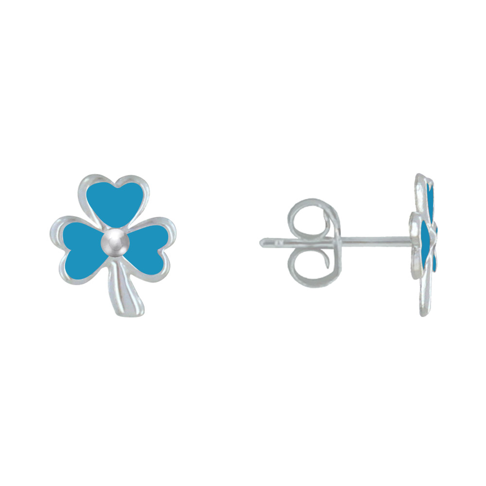 LES POULETTES BIJOUX Boucles d'Oreilles Argent 925 Trèfle Emaillée - Bleu