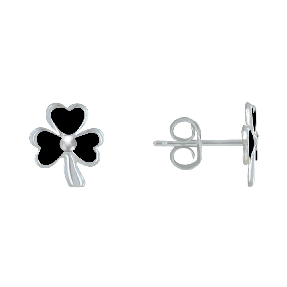 LES POULETTES BIJOUX Boucles d'Oreilles Argent 925 Trèfle Emaillée - Noir