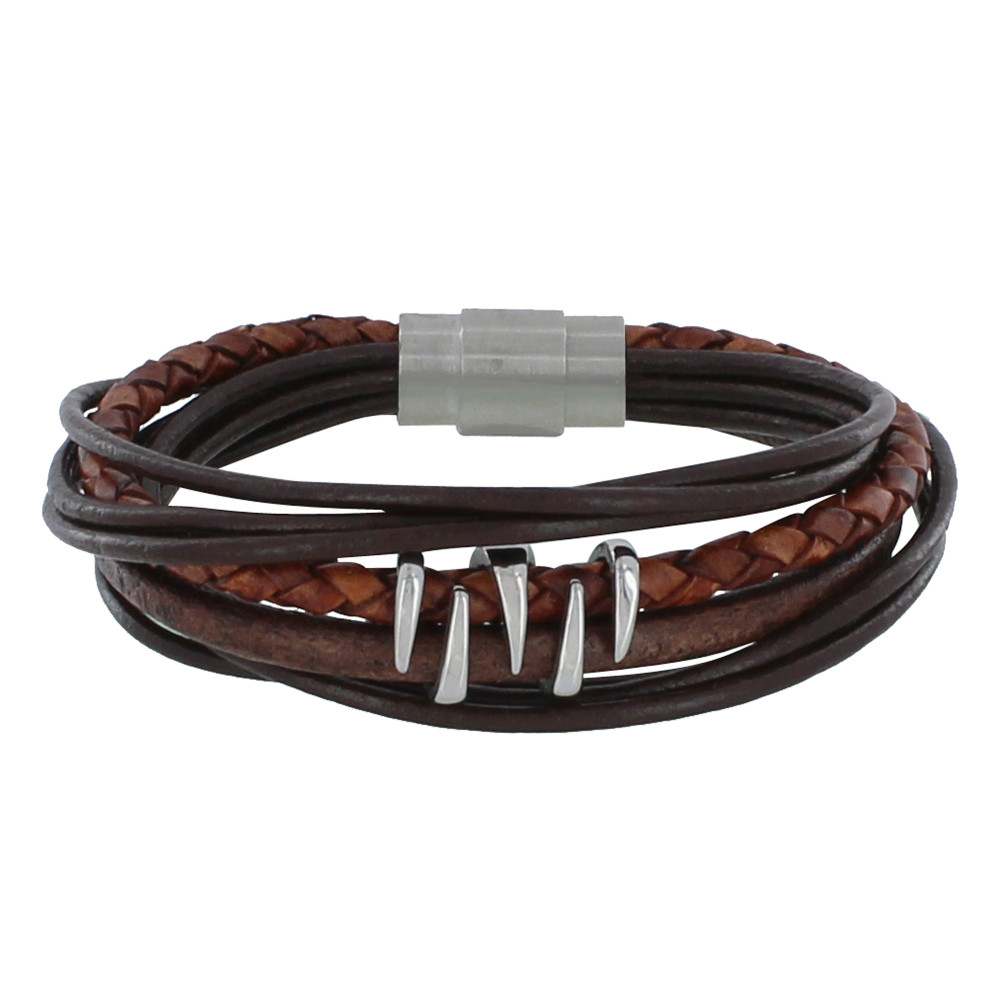 LES POULETTES BIJOUX - Bracelet Acier Homme Cuir Marron et Griffe - taille 21 cm