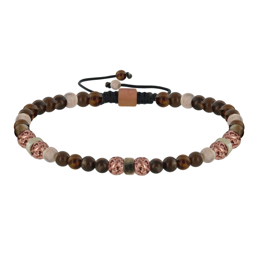 LES POULETTES BIJOUX Bracelet Lien Homme Perles Rondes Acier Cuivré et Jaspe