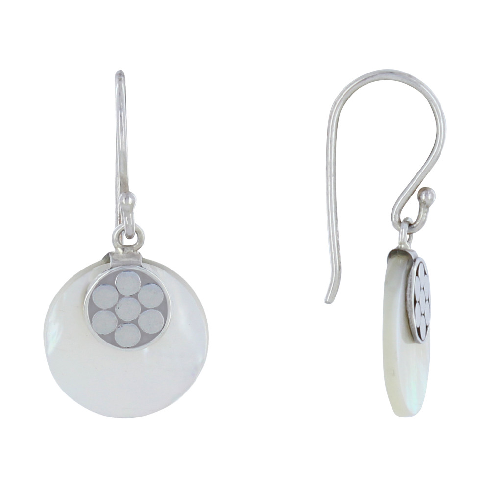 LES POULETTES BIJOUX - Boucles d'Oreilles Argent Petits Disque de Nacre Ivoire et Fl
