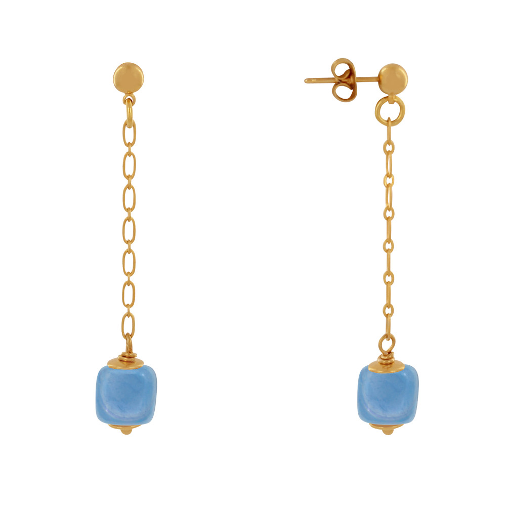 LES POULETTES BIJOUX Boucles d'Oreilles Chainette Laiton Doré et Cube en Céramique -